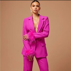 Hot pink oversized blazer with feather trim